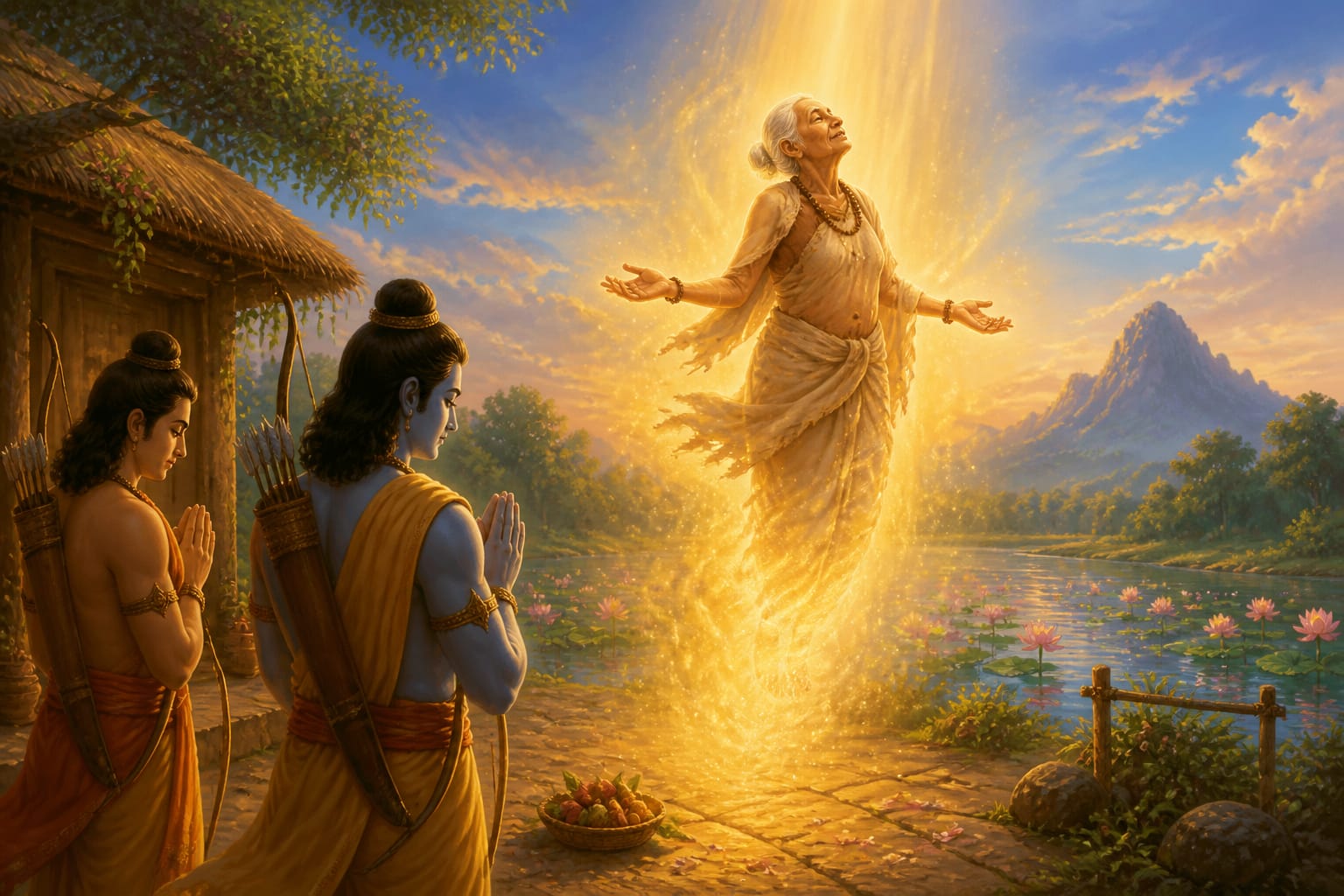 Shabari's liberation ascending in golden light