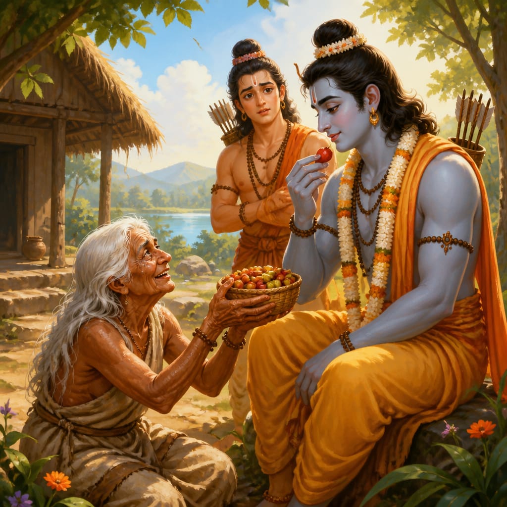 The elderly tribal woman Shabari offering wild ber berries to Rama on her swept forest courtyard.