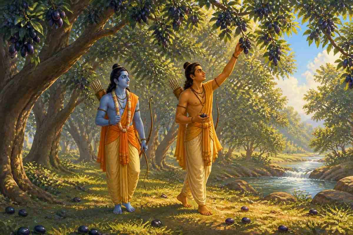 Rama and Lakshmana walking through a jambu grove