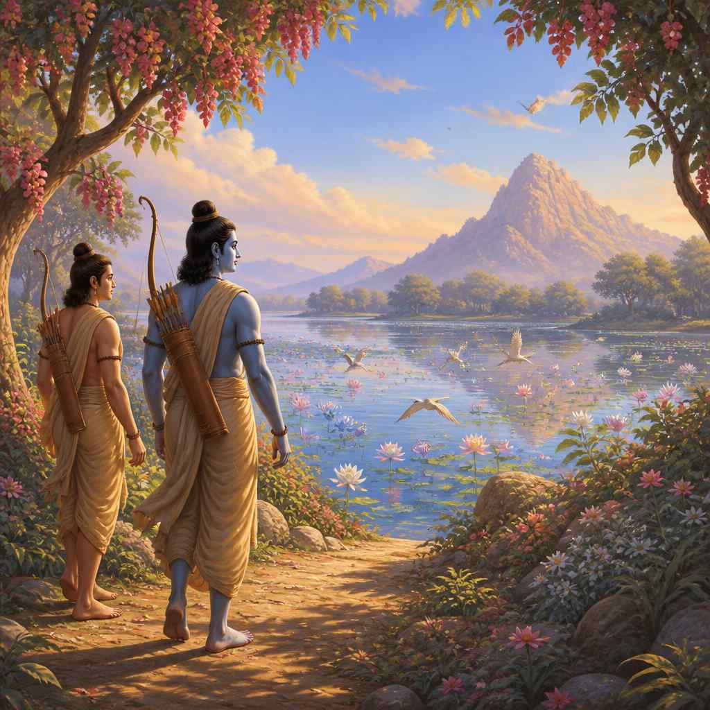 Rama and Lakshmana emerging from the forest path into a sunlit opening with Lake Pampa unfolding before them.