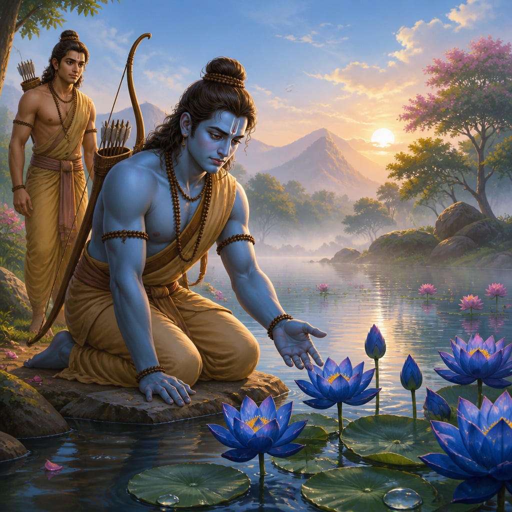 Rama grieving before blue lotuses at Lake Pampa