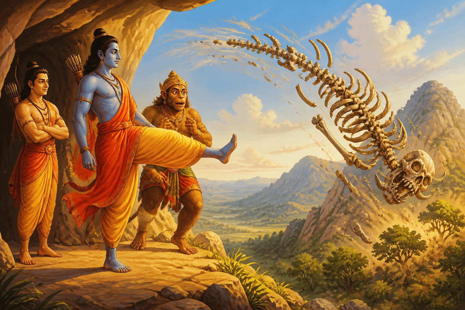 Rama kicking Dundubhi's skeleton across the valley