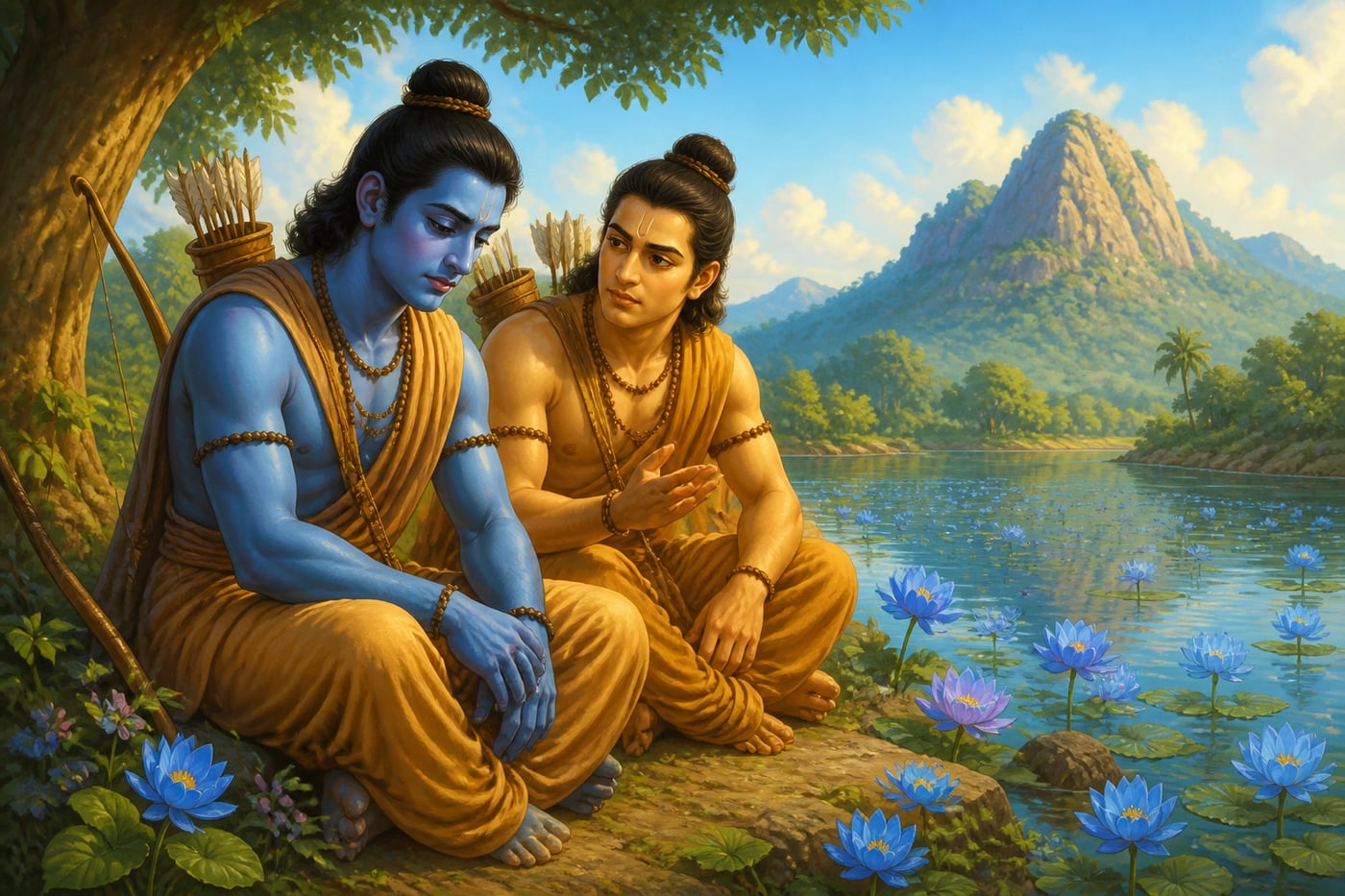 Lakshmana counsels Rama on the shore of Pampa
