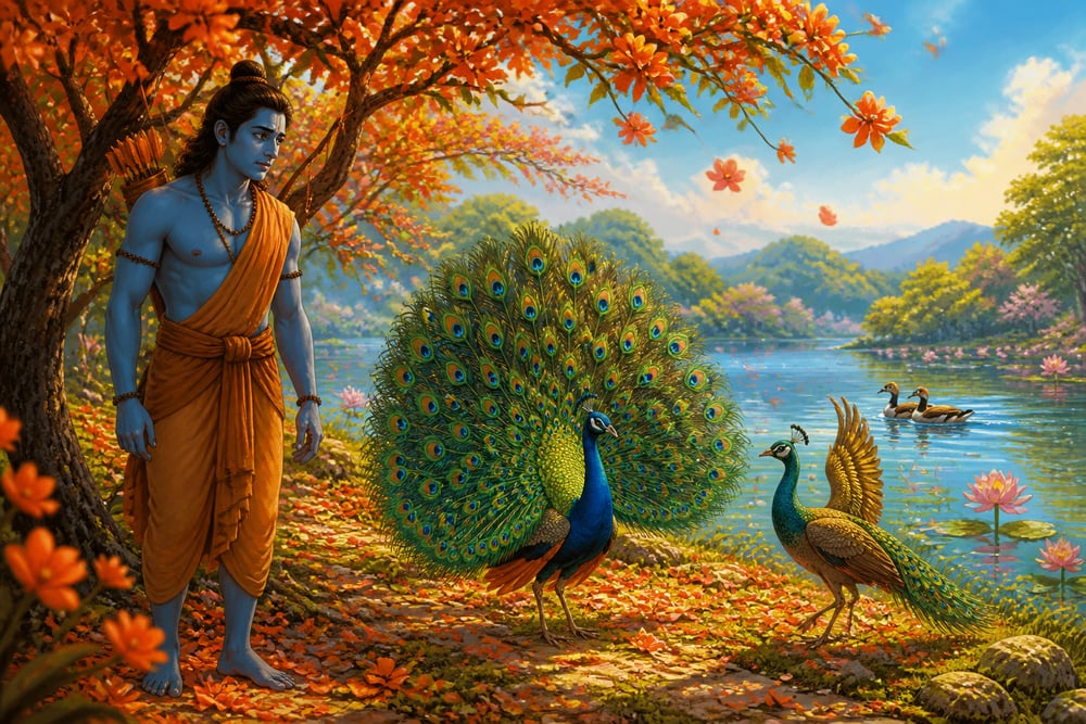 Peacocks dancing in spring as Rama watches in grief