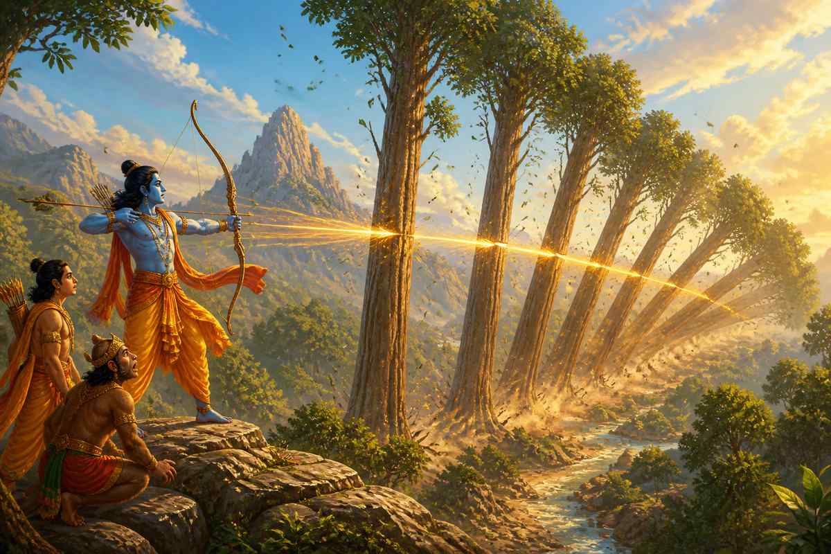 Rama's arrow piercing the seven sal trees