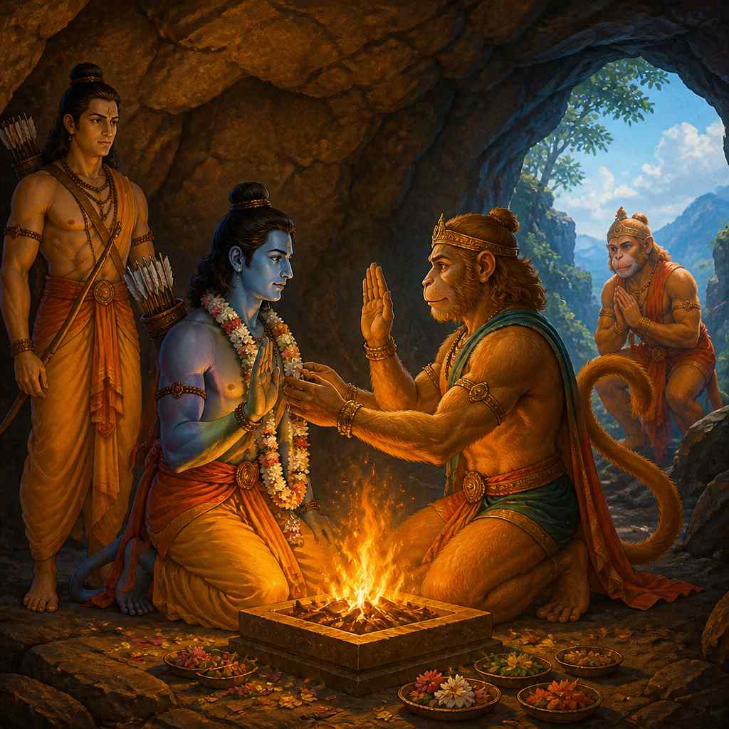 Rama and Sugriva facing each other across a small sacred fire inside Sugriva's mountain cave, hands raised in oath.