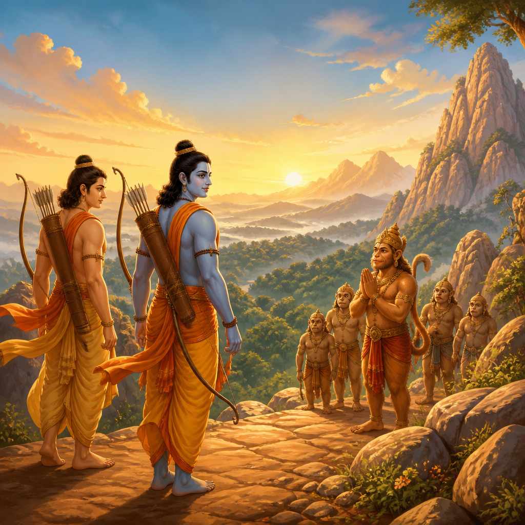 Rama and Lakshmana standing at the foothills of Rishyamuka at sunrise, looking back at the Dandaka forest.