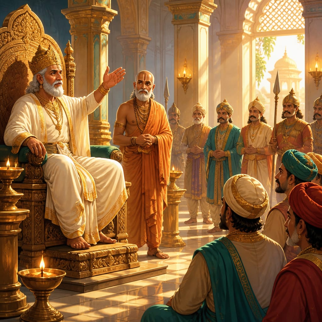 King Dasharatha addresses Sage Vasishtha and the assembled ministers, proclaiming Rama's coronation.