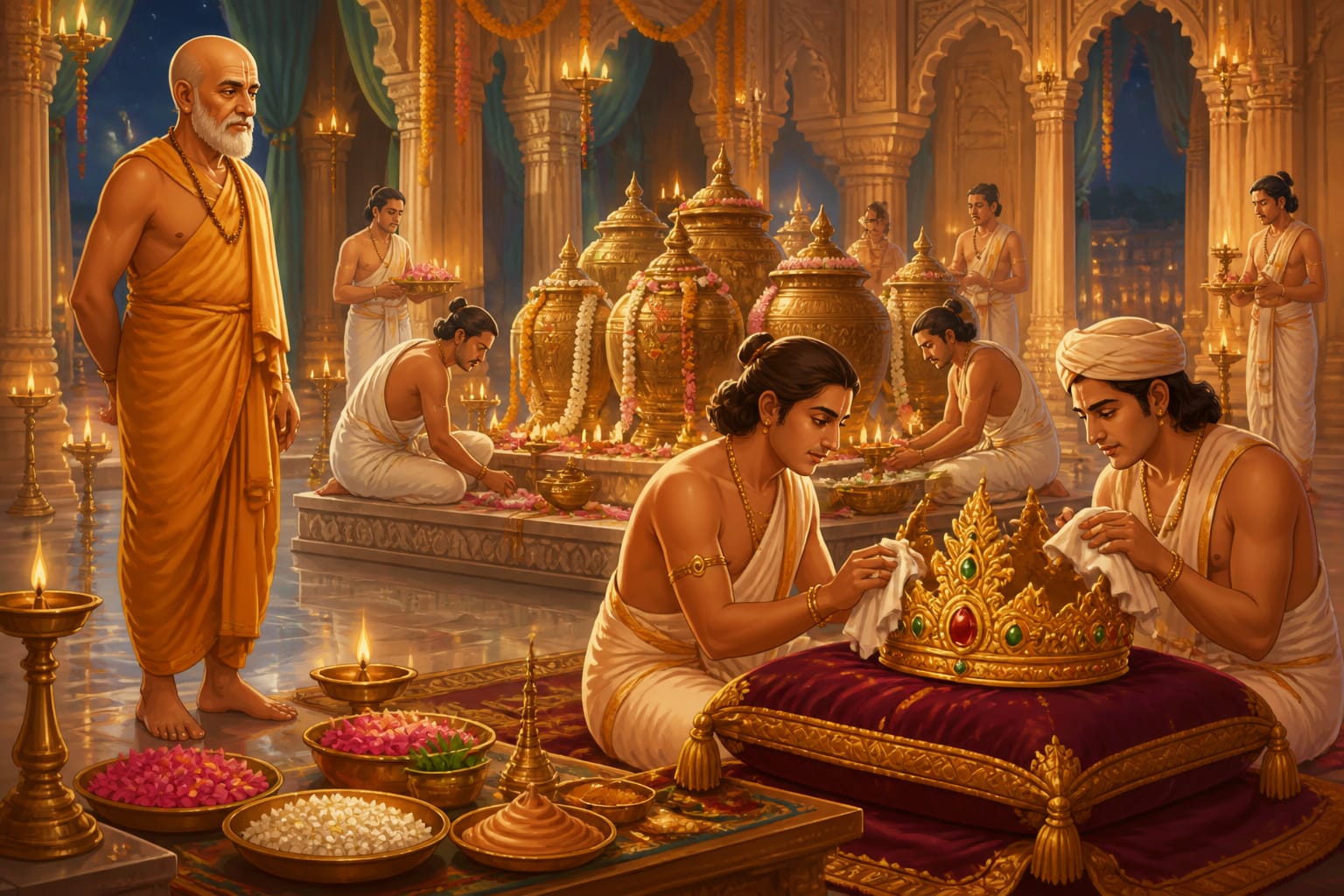 Vasishtha preparing the abhisheka rites
