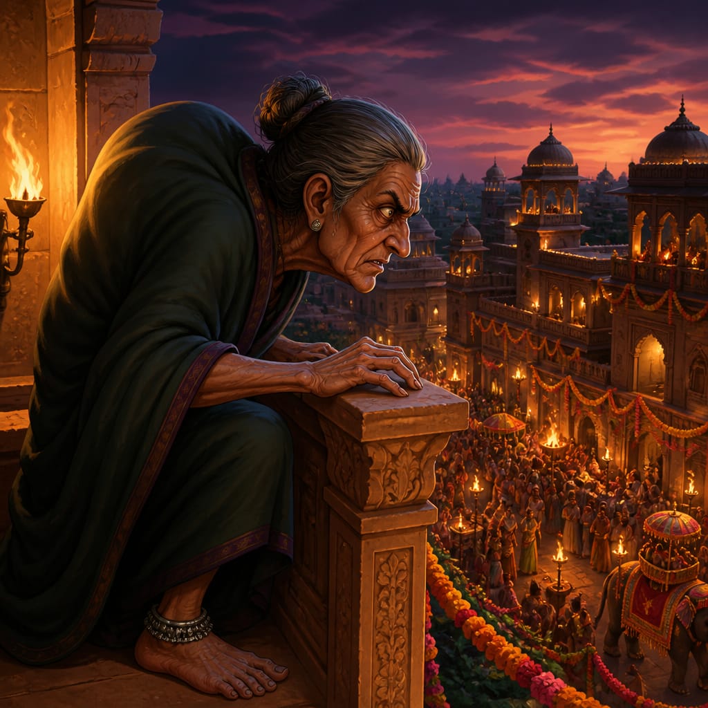 Manthara leans over the palace balcony rail at dusk, watching the city celebrate below.