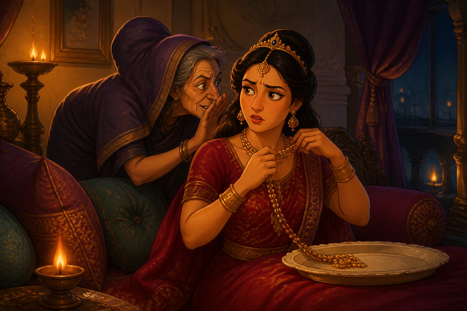 Manthara whispering to Queen Kaikeyi