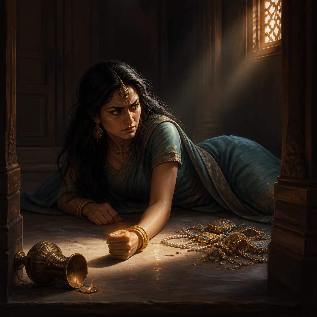Queen Kaikeyi lies stripped of her jewels on the bare floor of the kopa bhavan, her face set in fury.