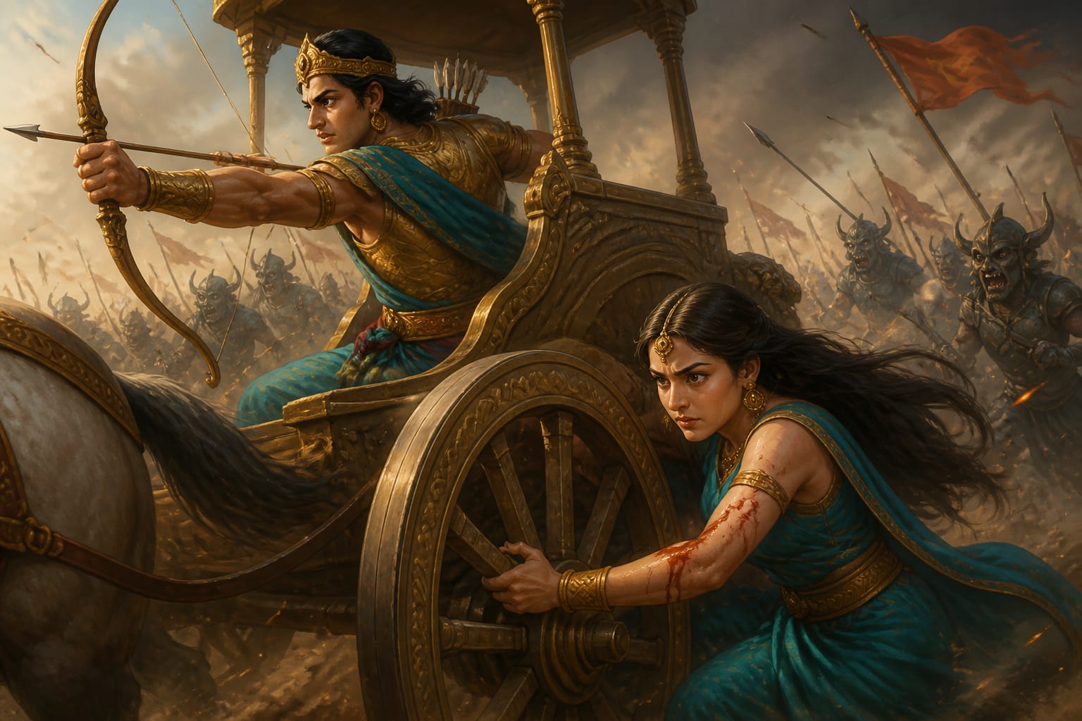 Young Kaikeyi steadying the chariot wheel for Dasharatha