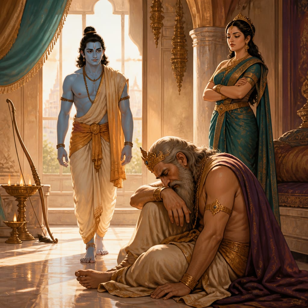Rama enters Kaikeyi's chamber and finds his father Dasharatha slumped in mourning silks while Kaikeyi stands impassive.
