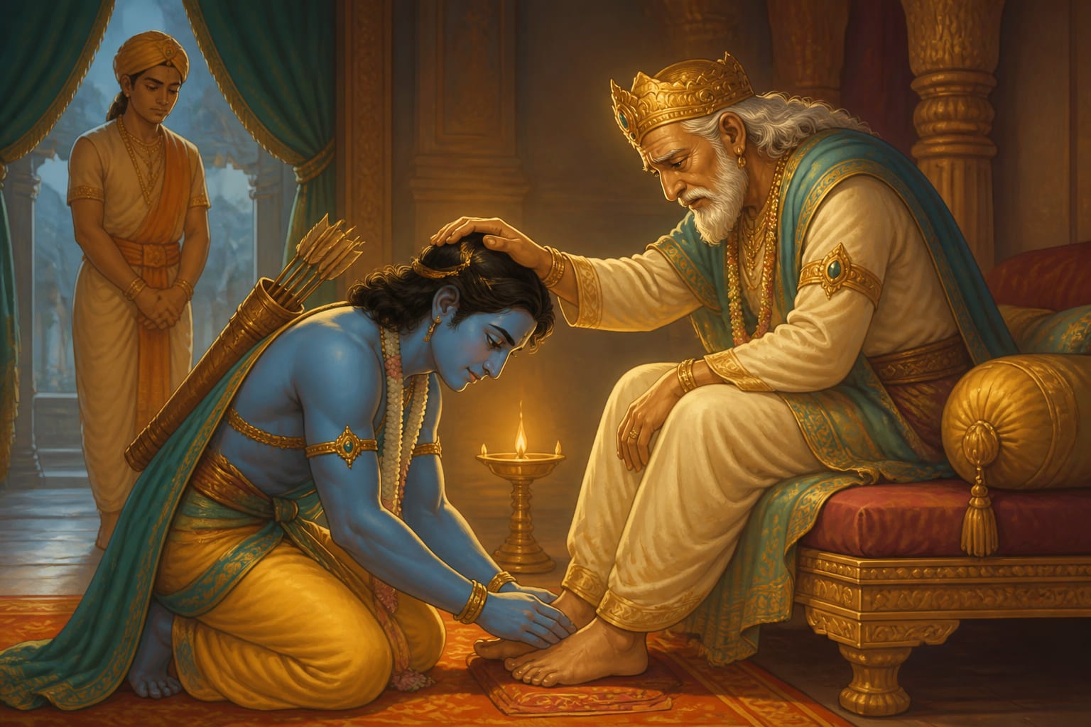 Rama touching his father's feet in farewell