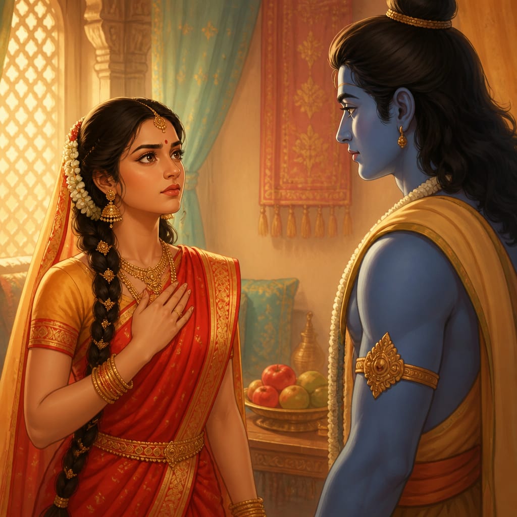 Sita stands firm before Rama in their chamber, refusing to be left behind as he prepares for exile.