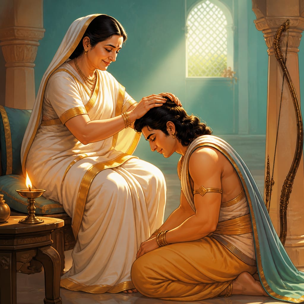 Queen Sumitra places both hands on Lakshmana's bowed head, blessing him to serve Rama in the forest.