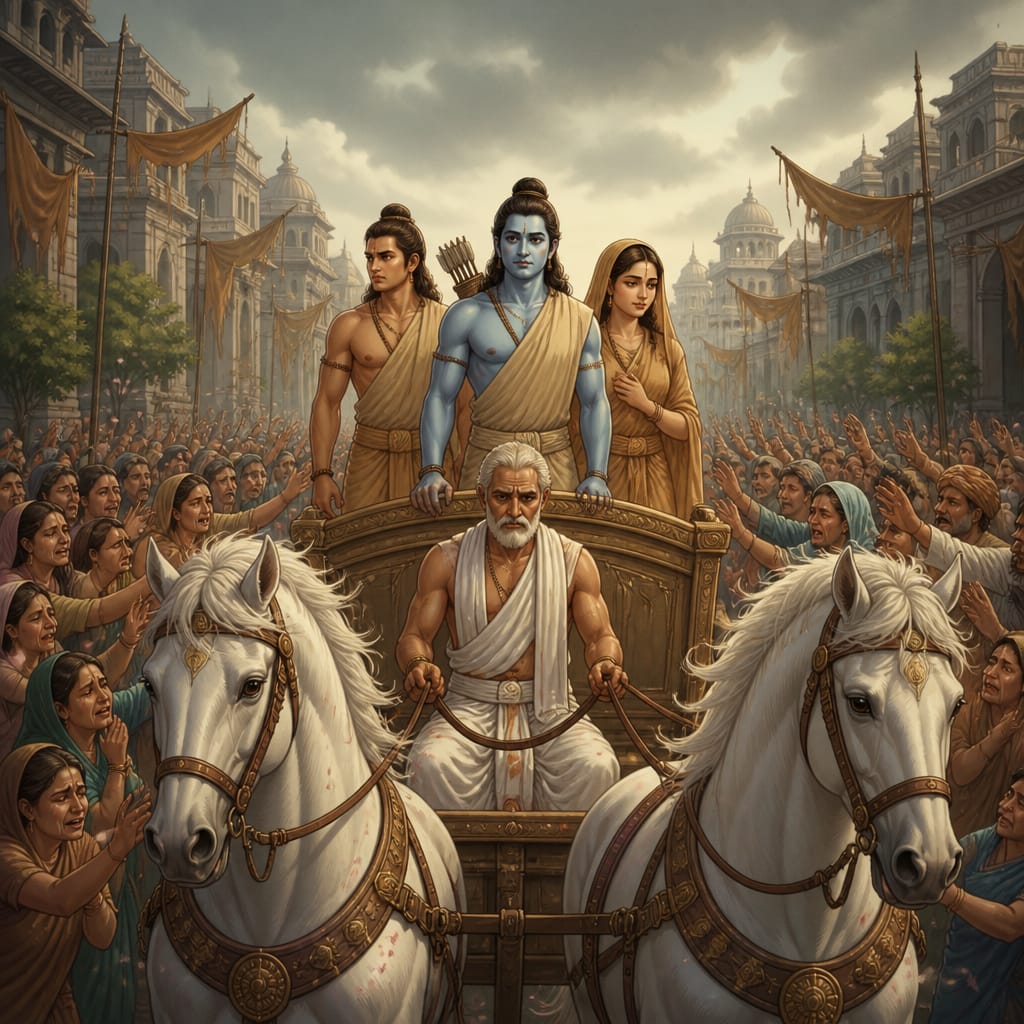 Sumantra drives the royal chariot down the main avenue of Ayodhya as weeping citizens line the path.