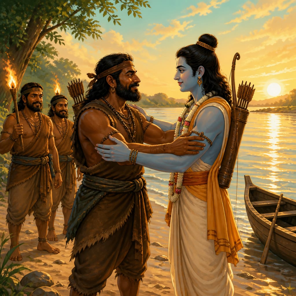 Guha the Nishada chief steps forward at the bank of the Ganga and embraces Rama as an equal.