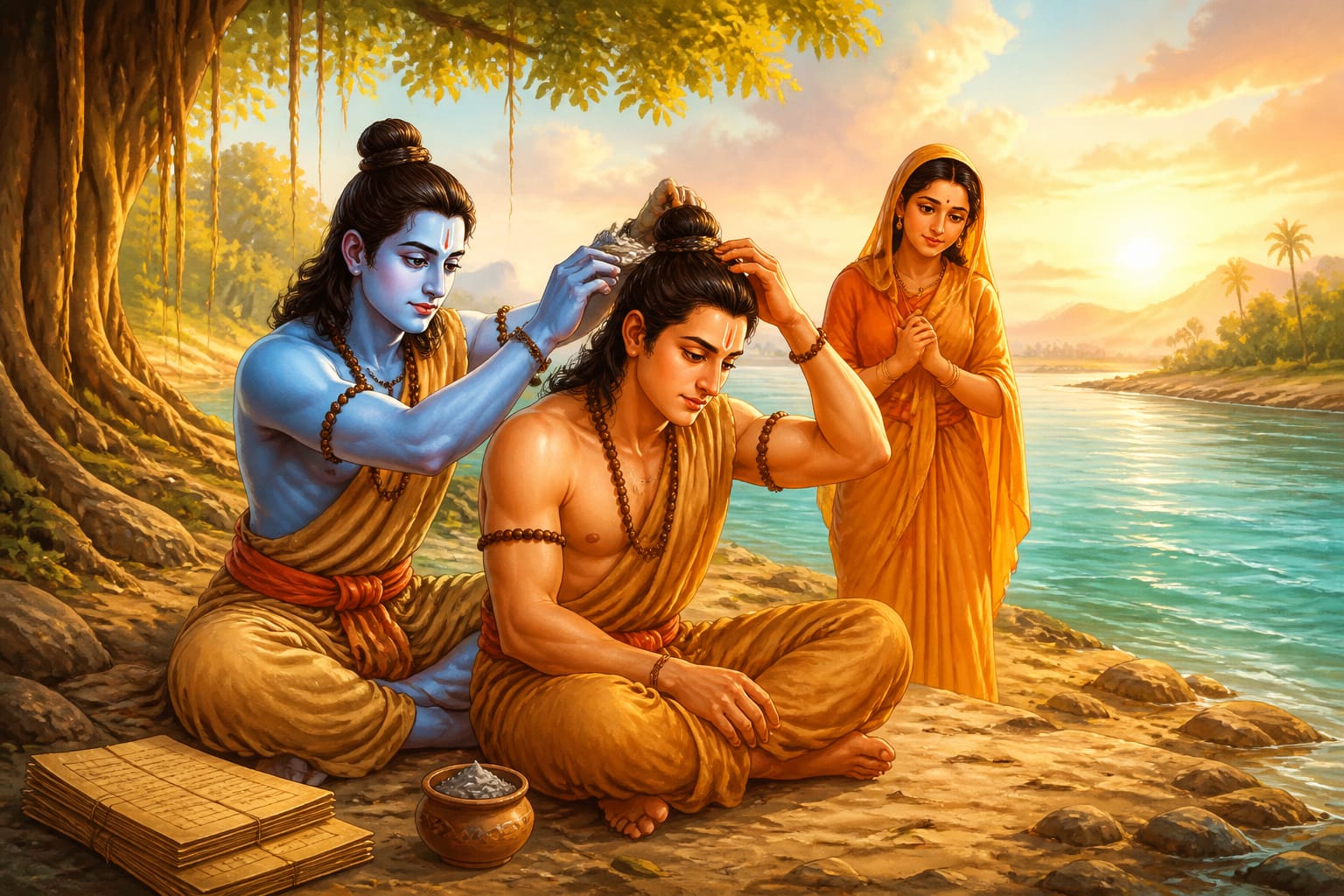 Rama and Lakshmana matting their hair as forest dwellers
