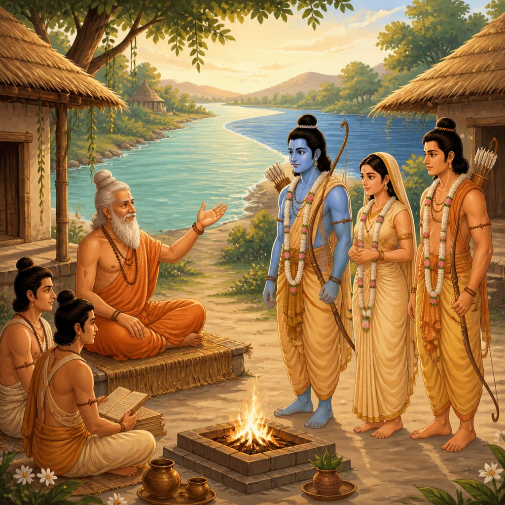 Maharishi Bharadvaja raises one hand in welcome at his ashram at the confluence, greeting Rama, Sita, and Lakshmana.
