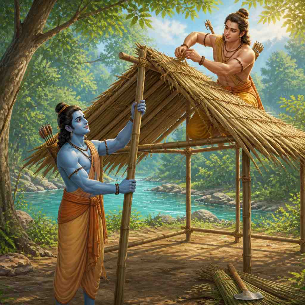 Rama and Lakshmana raise the bamboo poles of their parnashala leaf-hut in a clearing at Chitrakoot.