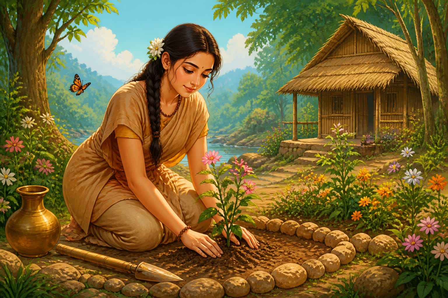 Sita tending her hermitage garden