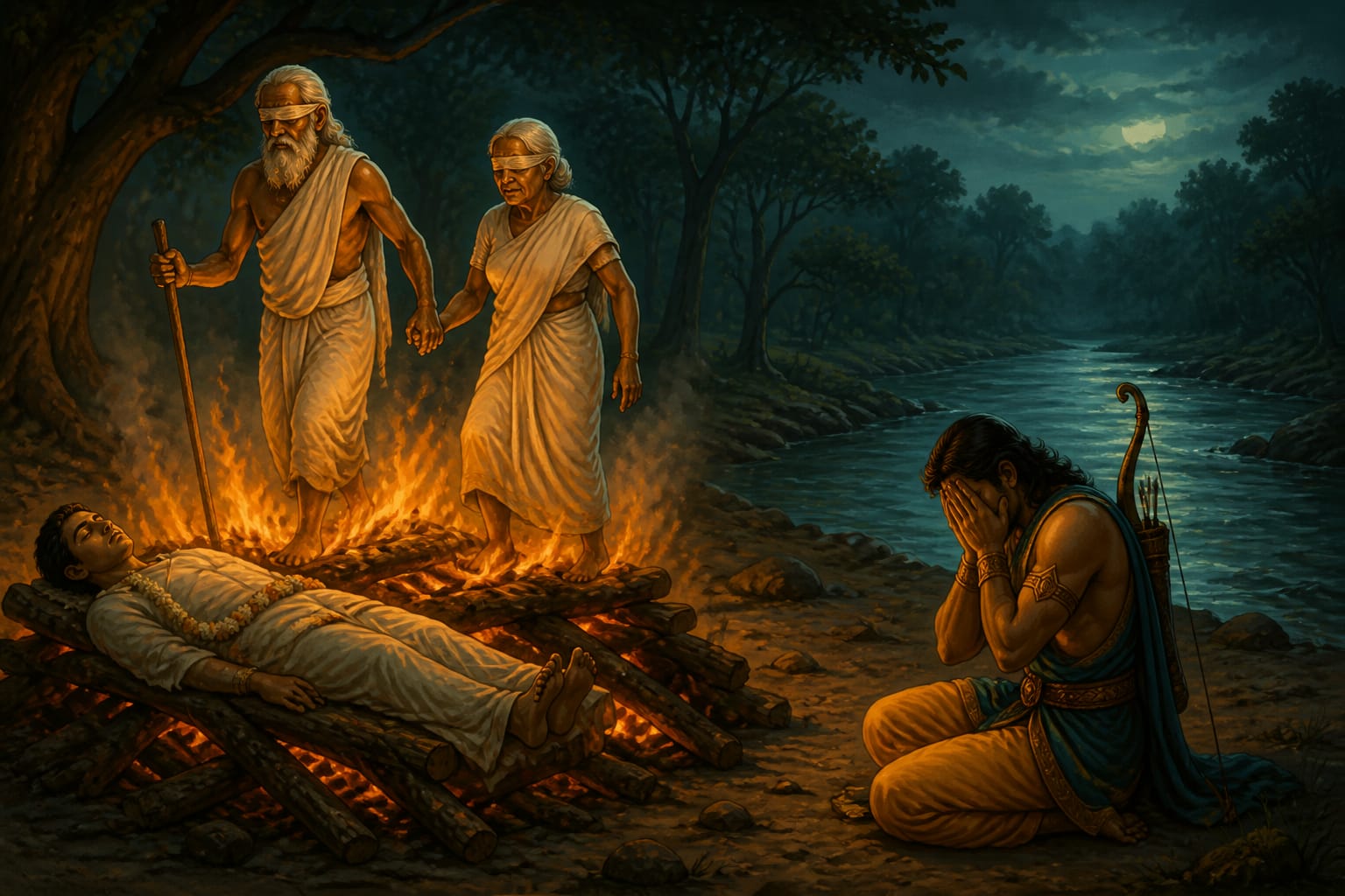 The blind couple ascending Shravana's pyre