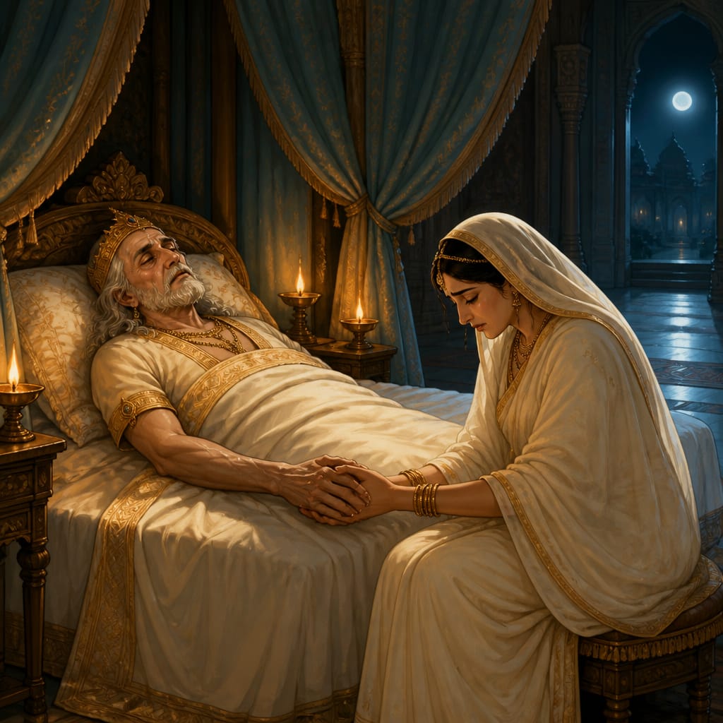 King Dasharatha lies dying on his canopied bed while Queen Kausalya sits at his side holding his hand.