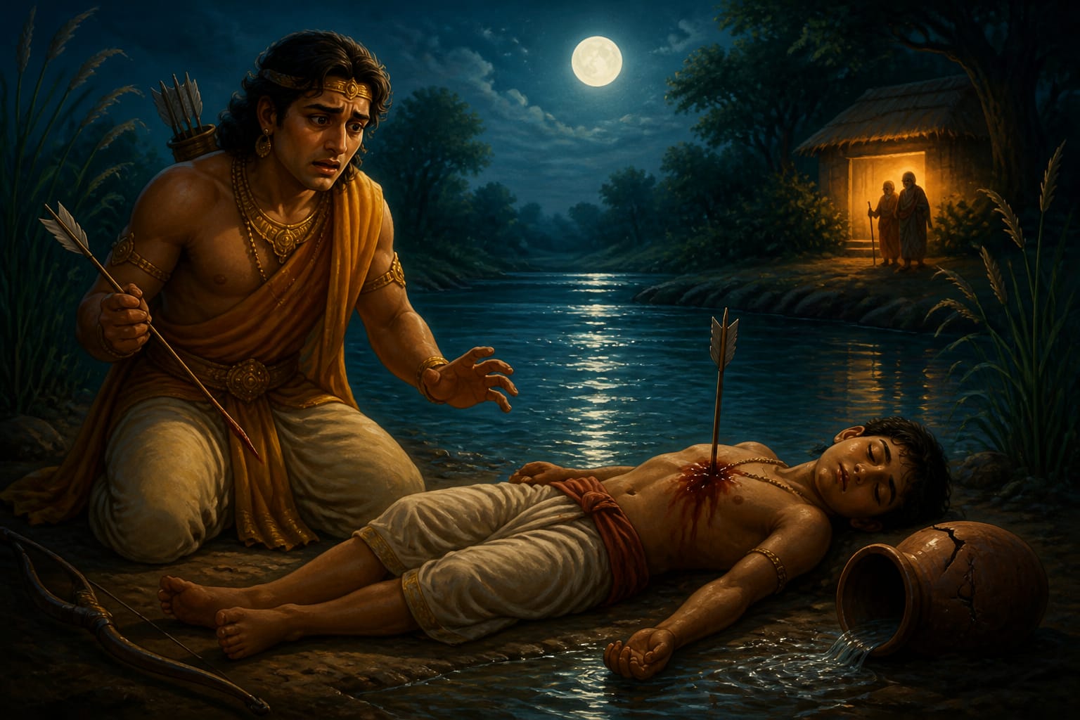 Young Dasharatha at the riverbank with Shravana