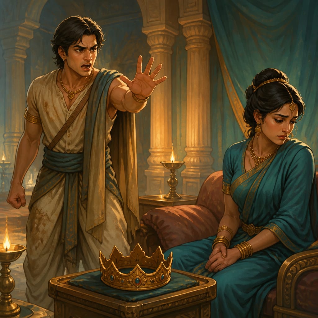 Bharata stands in fury before Queen Kaikeyi in her chamber, his face contorted with anguish and disbelief.