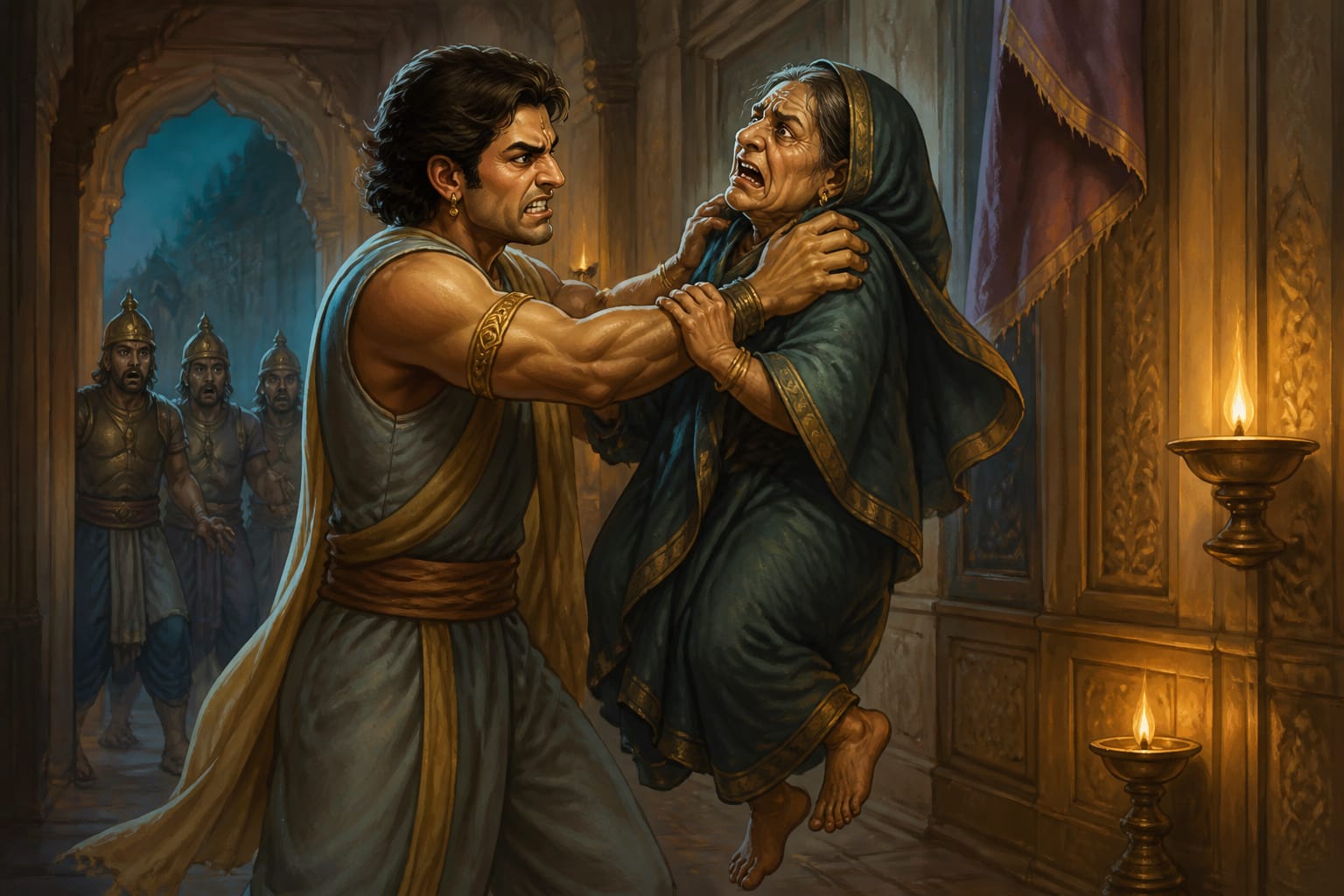 Shatrughna seizing Manthara in the palace