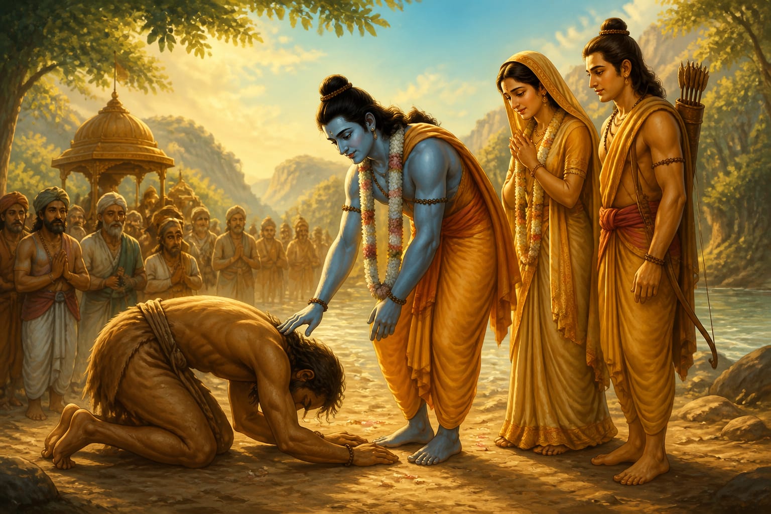 Bharata prostrating to deliver news of Dasharatha