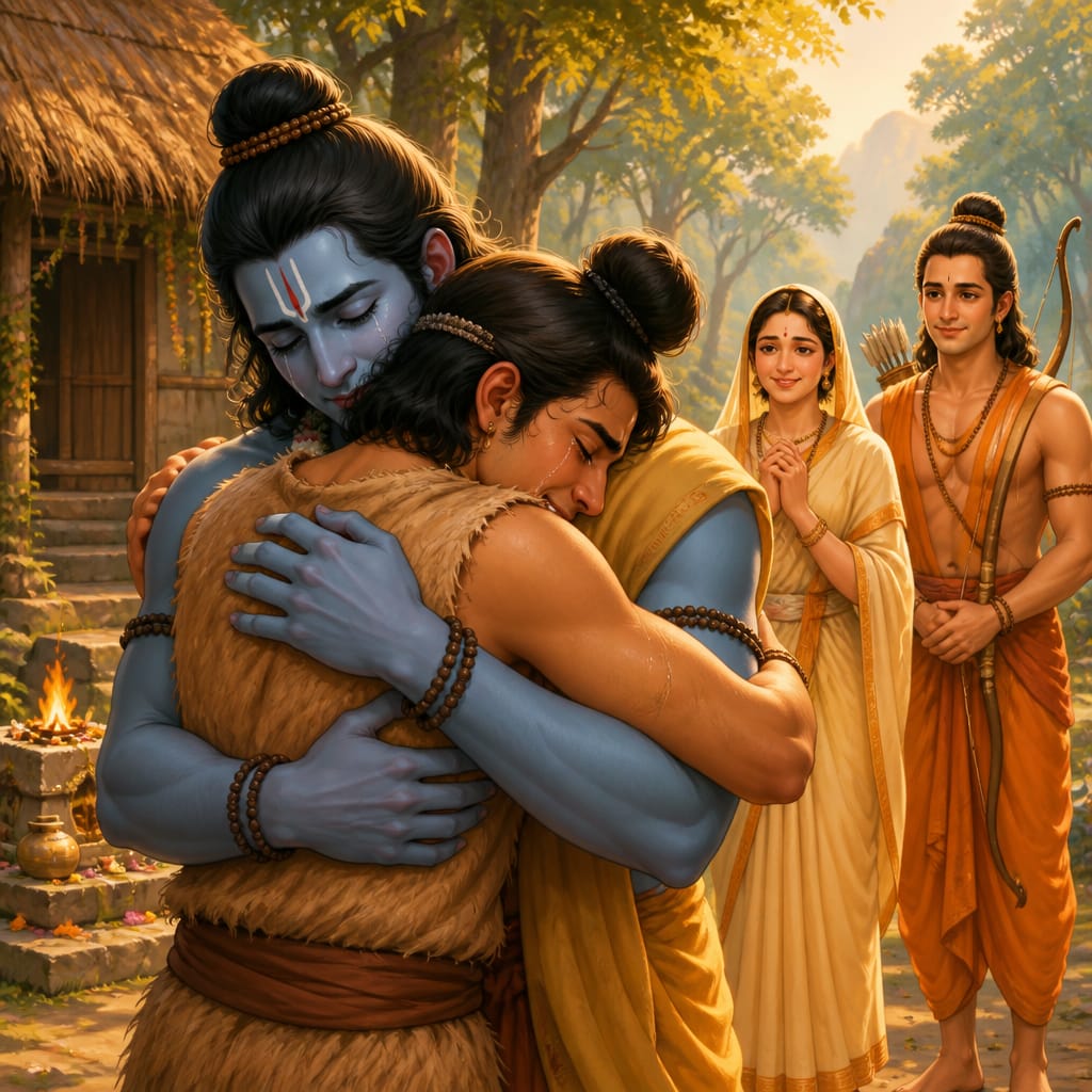 Bharata runs forward and falls into Rama's embrace at the Chitrakoot hermitage clearing, both brothers in tears.