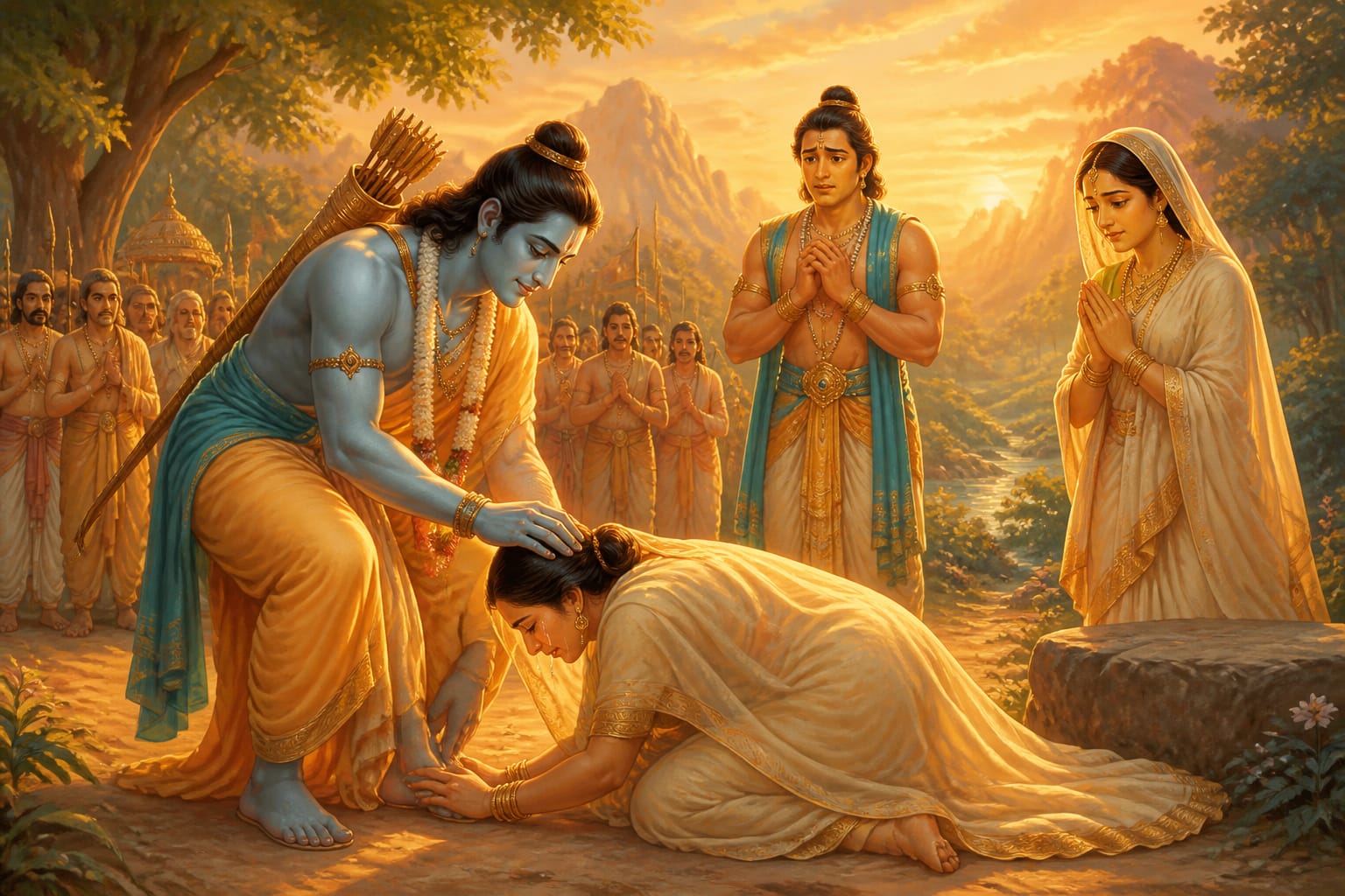 Rama touching Kaikeyi's feet in forgiveness