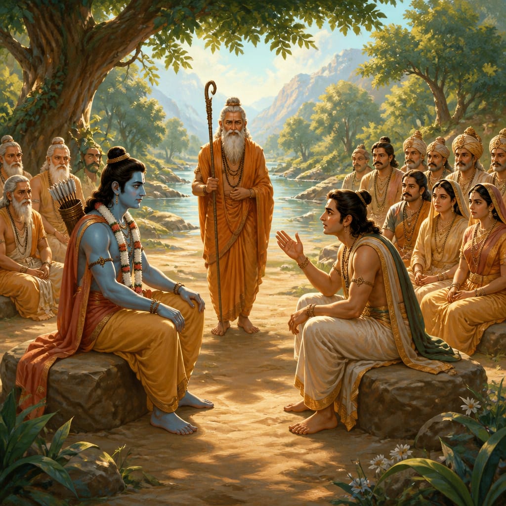 Rama sits facing Bharata across the Mandakini clearing with Vasishtha presiding, surrounded by the queens and ministers of Ayodhya.