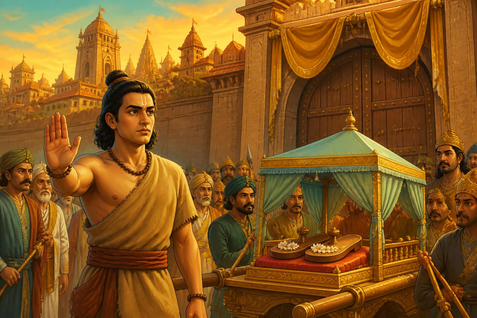 Bharata halting outside Ayodhya's gates