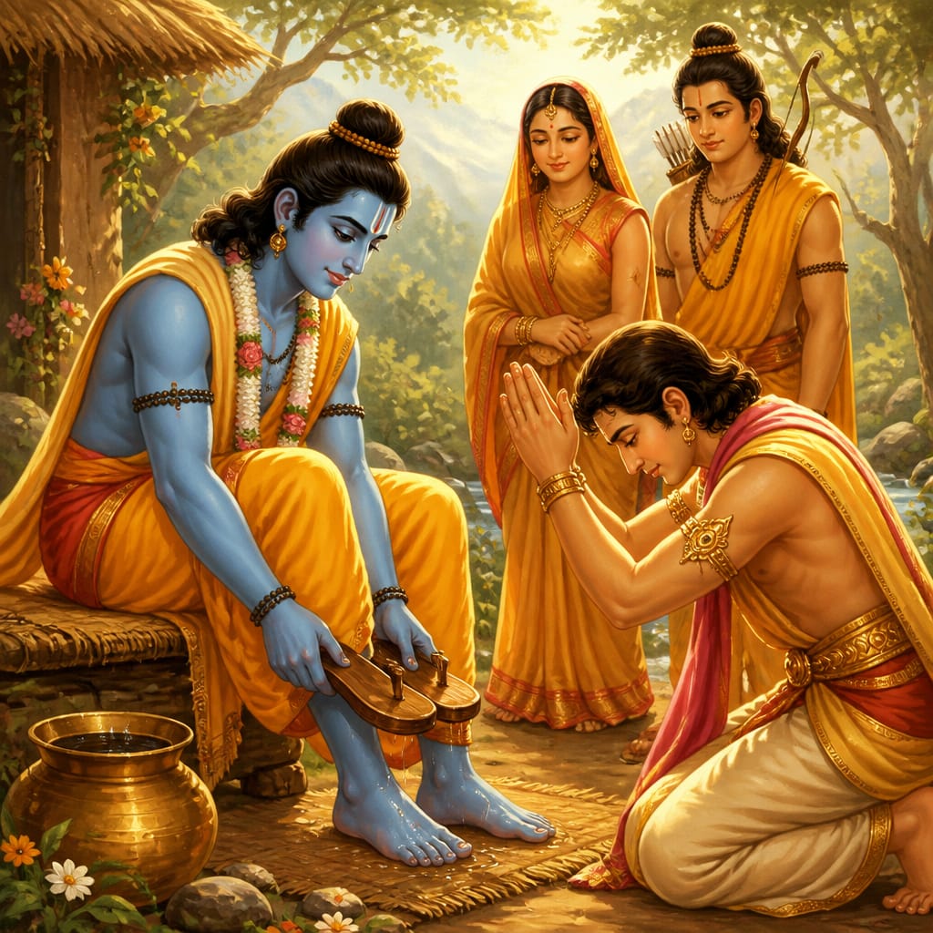Rama removes his plain wooden sandals and places them in Bharata's reverently raised hands at the Chitrakoot hermitage.