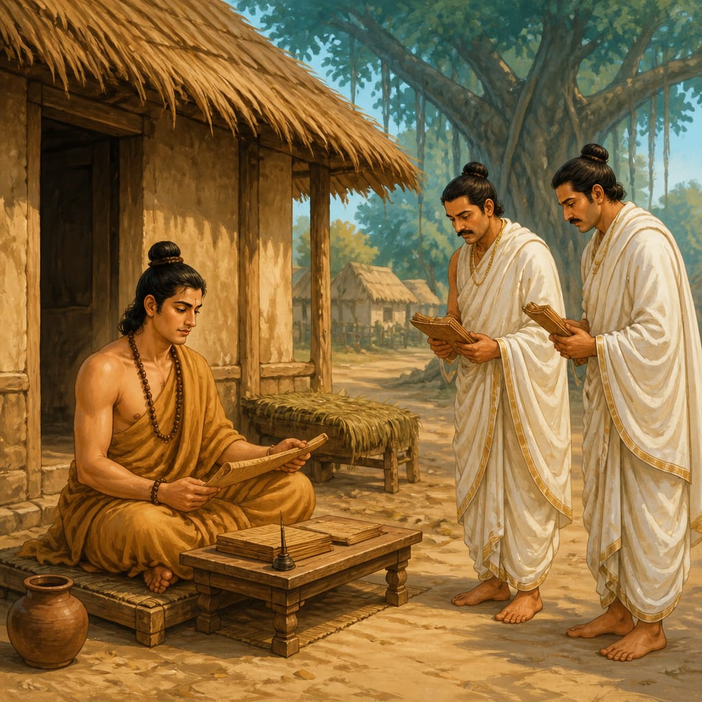 Bharata sits in ascetic's bark cloth outside his hut at Nandigrama, conducting the affairs of state before Rama's sandals.