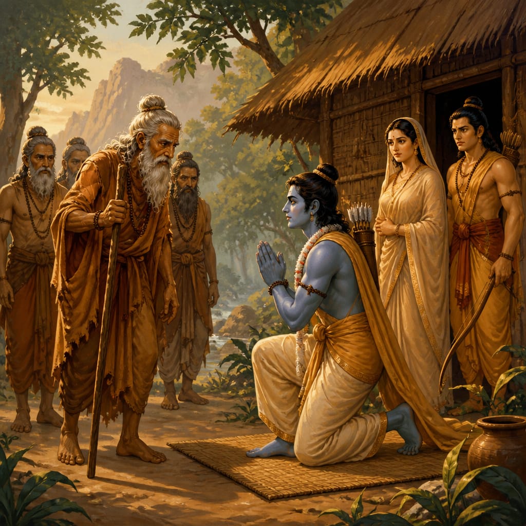 Sage Sharabhanga arrives at Chitrakoot leaning on his staff, bringing warning of demons in the Dandaka forest.