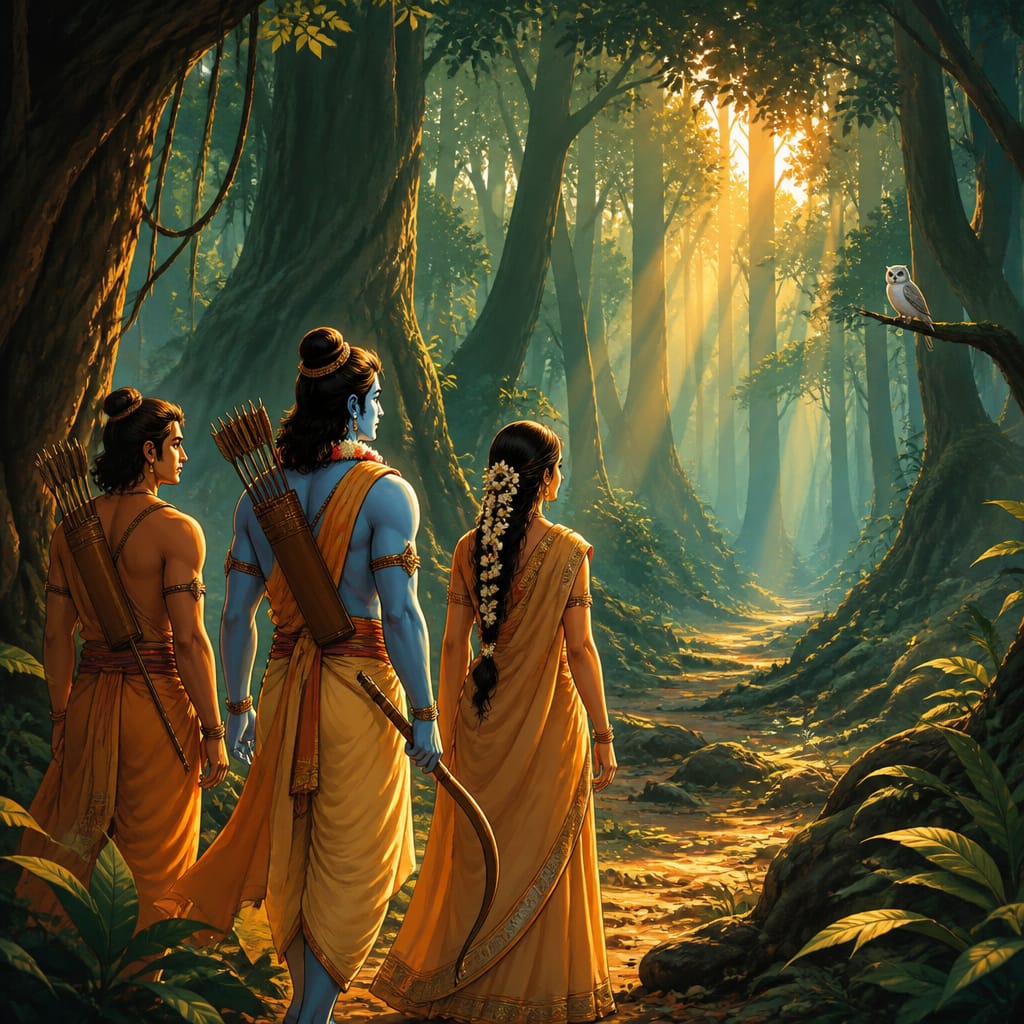 Rama, Sita, and Lakshmana stand at the threshold of the vast Dandaka forest at first light.