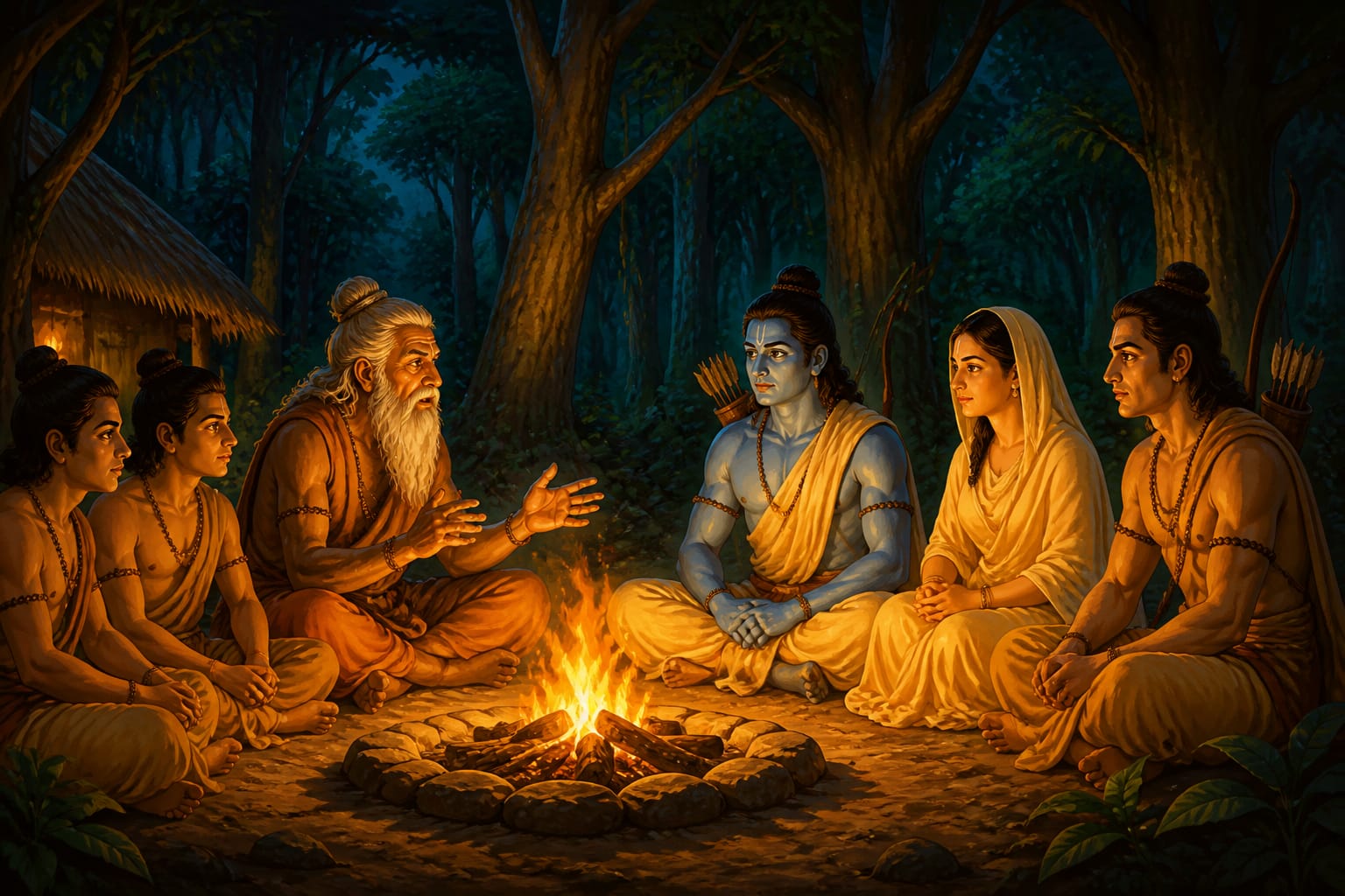 Sages telling of Dandaka's demons around the fire