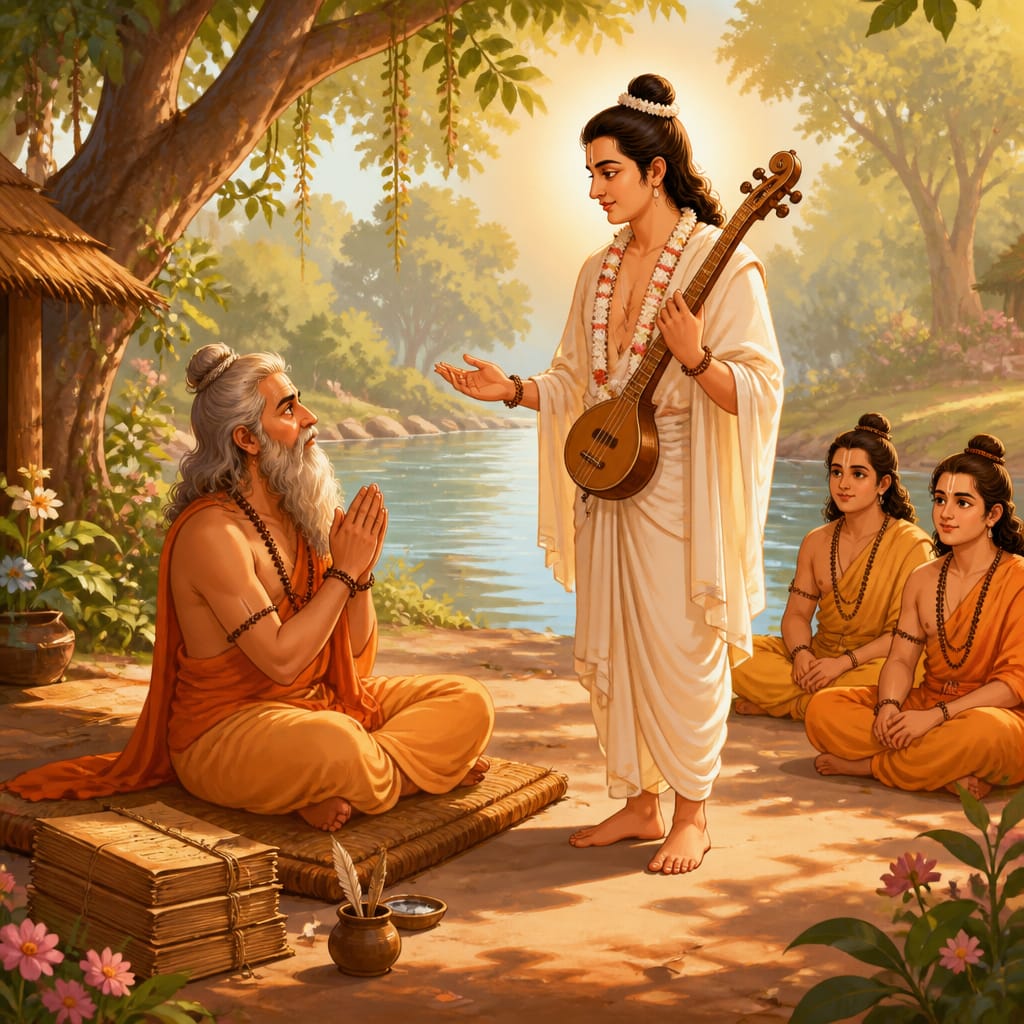 Sage Valmiki seated at his Tamasa ashram, hands folded before Narada with his veena, asking about the perfect being