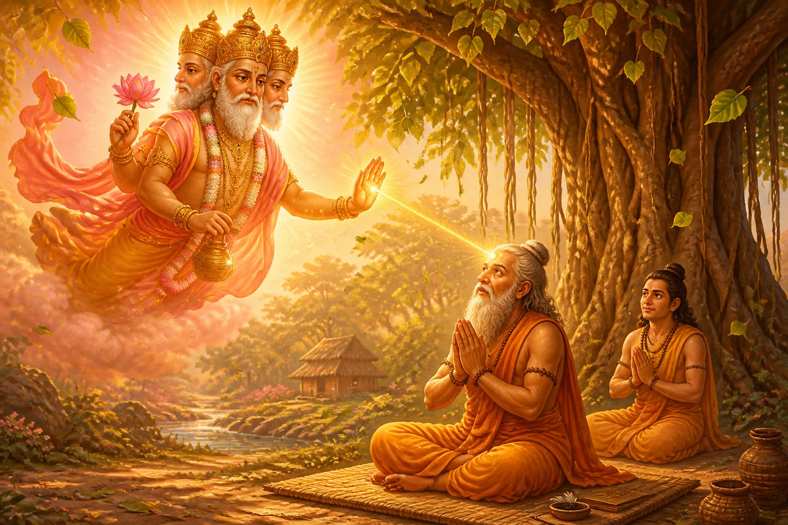 Lord Brahma blessing Valmiki with divine sight at his ashram