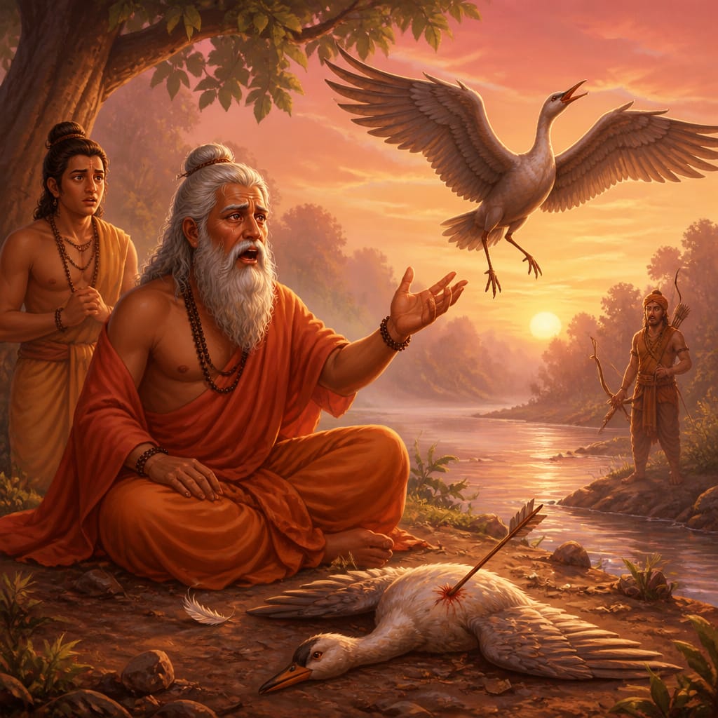 Valmiki at the Tamasa riverbank speaking the first shloka as a krauncha bird falls struck by the hunter's arrow, Bharadvaja beside him