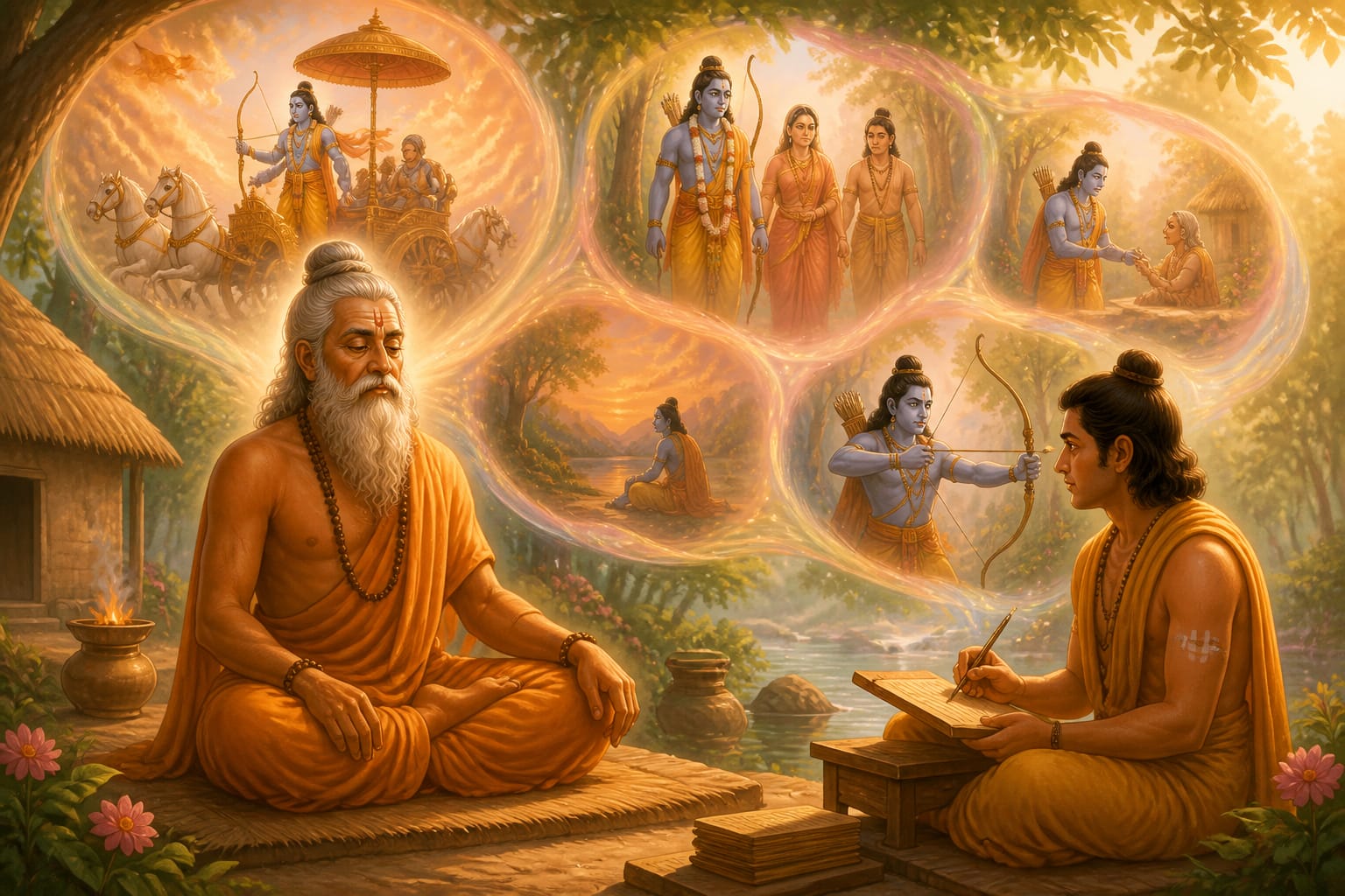 Valmiki seeing Rama's life unfold in divine vision