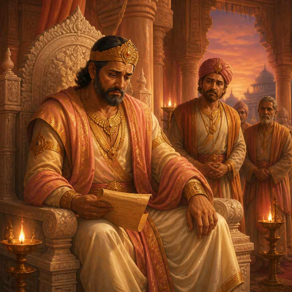 King Dasharatha seated on the throne of Ayodhya, weighed down by private sorrow as ministers watch with concern