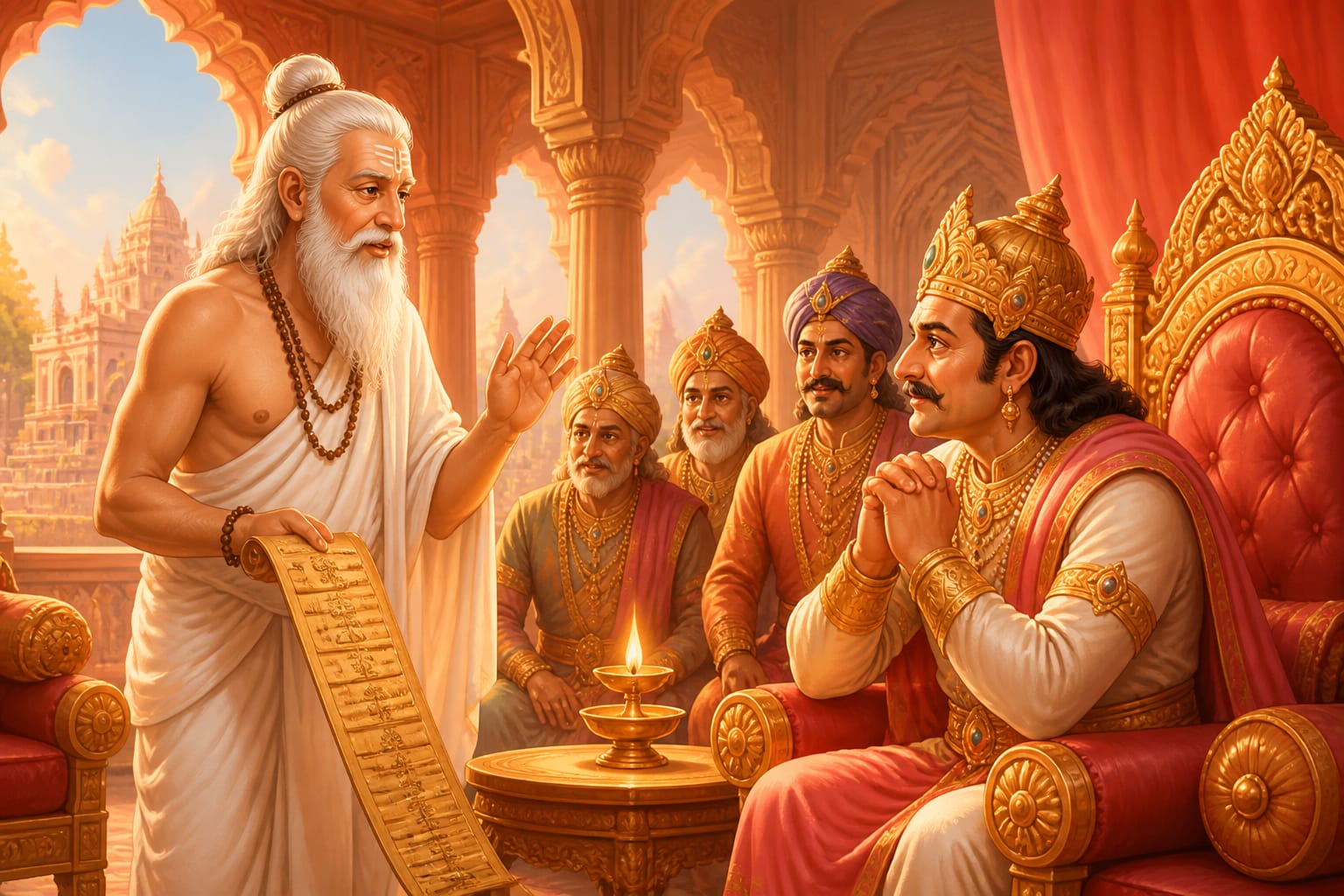 Sage Vasishtha counseling Dasharatha with renewed hope