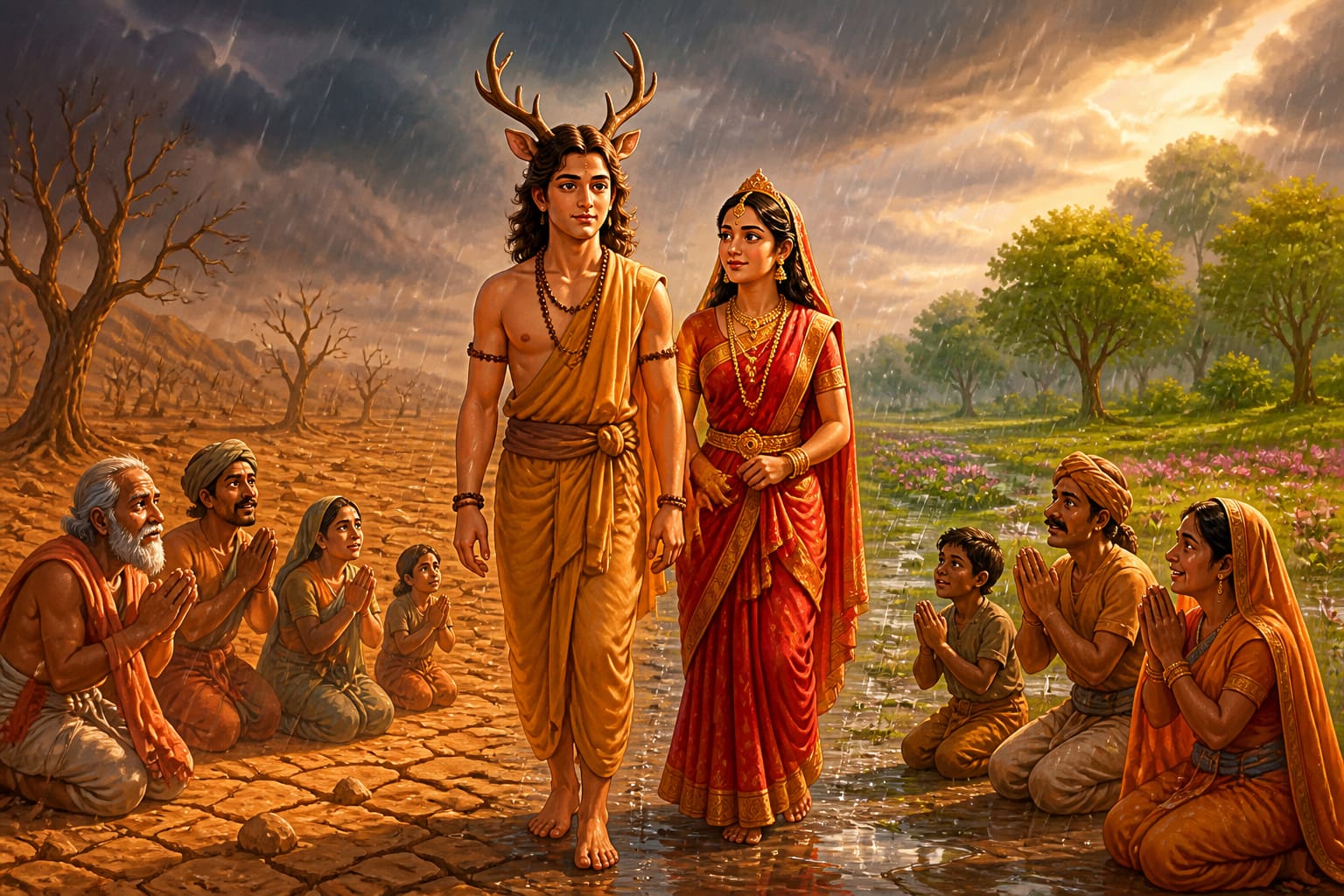 Rain breaks the drought of Anga as Rishyashringa enters the kingdom