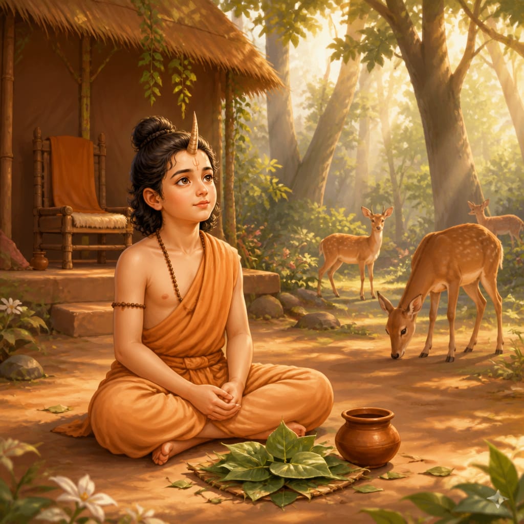 Young Rishyashringa with a single deer-horn seated in his isolated forest hermitage, gentle deer grazing nearby